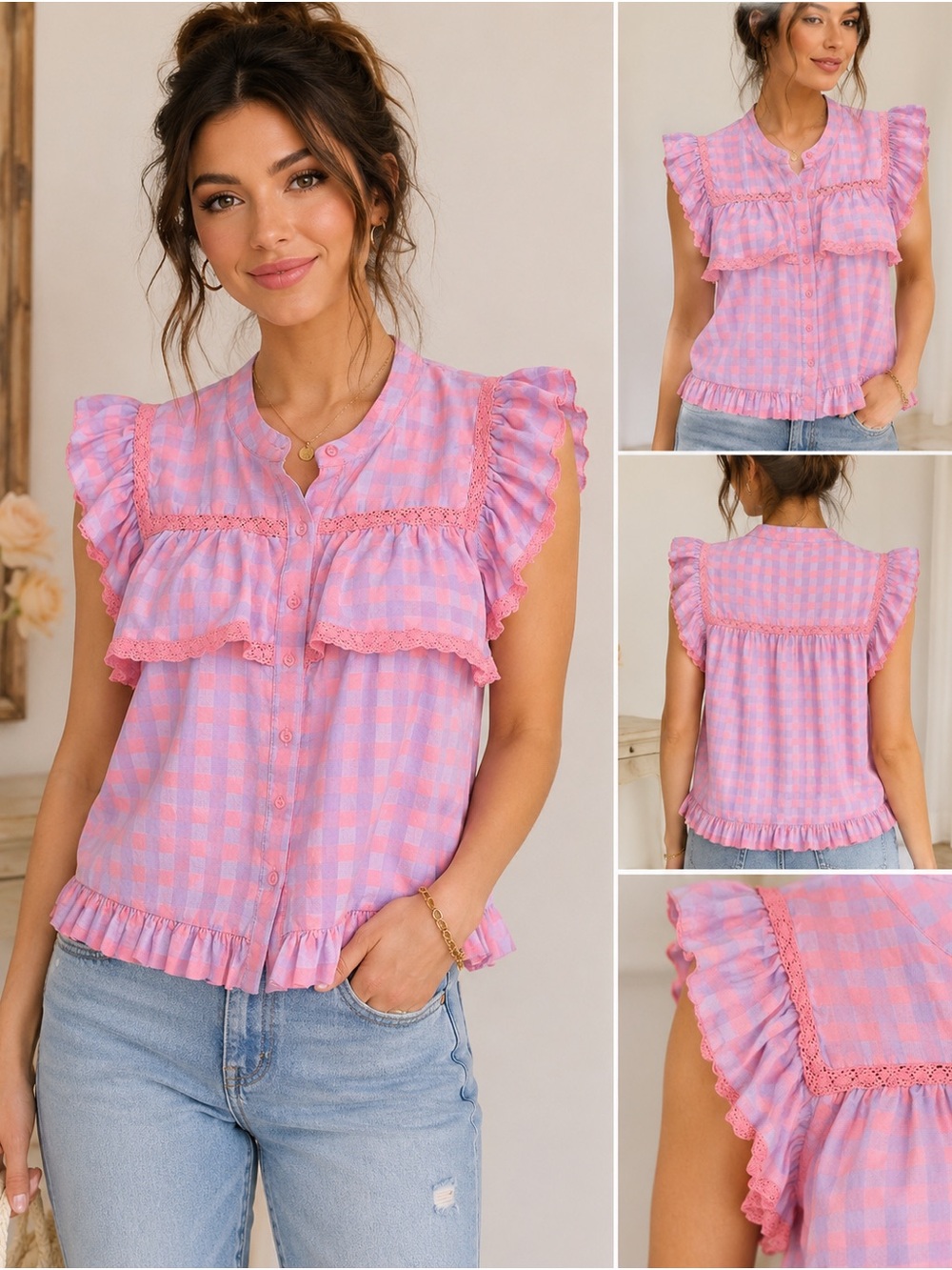 Anthropologie Day + Moon Pink Purple Gingham Ruffle Button Front Top Small